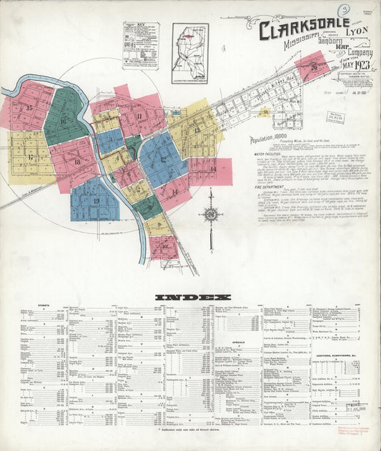 Sanborn Fire Insurance Map from Clarksdale, Coahoma County, Mississippi (1923), Sheet #0001 - Historic Sanborn Fire Insurance Map Print, vintage old map wall art, antique decor, genealogy gift, Mississippi Mississippi map