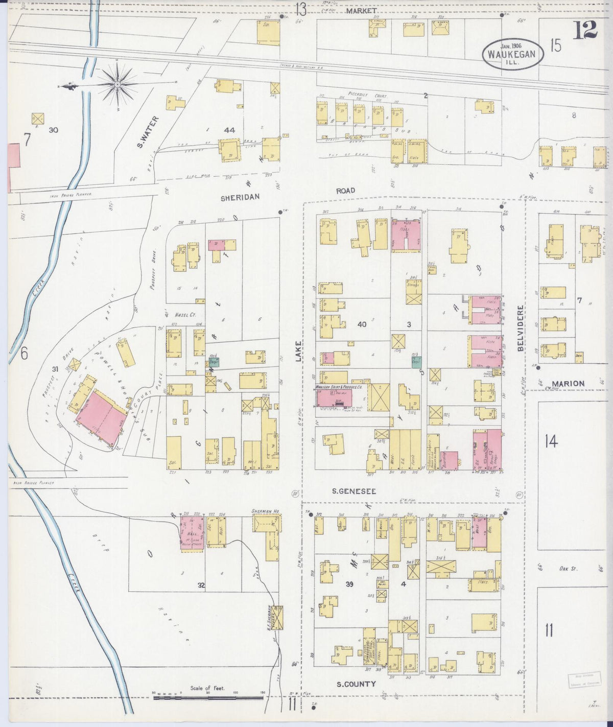 Sanborn Fire Insurance Map from Waukegan, Lake County, Illinois (1906), Sheet #0012 - Complete Map Set gallery image, historic Sanborn map, vintage wall art, Illinois Illinois