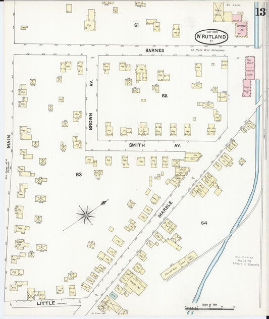 Sanborn Fire Insurance Map from Rutland, Rutland County, Vermont (1890), Sheet #0013 - Historic Sanborn Fire Insurance Map Print, vintage old map wall art, antique decor, genealogy gift, Vermont Vermont map