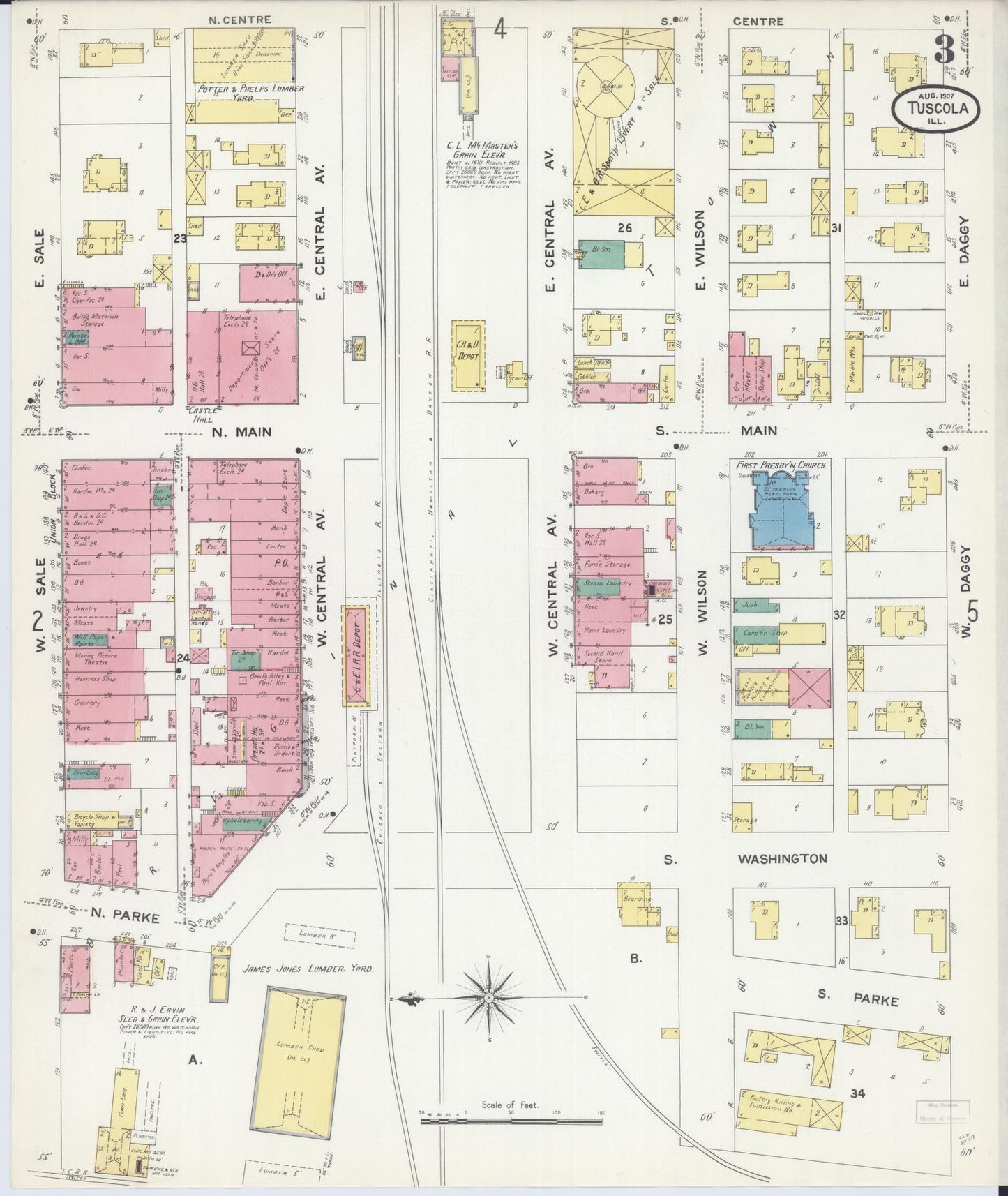 Sanborn Fire Insurance Map from Tuscola, Douglas County, Illinois (1907), Sheet #0003 - Historic Sanborn Fire Insurance Map Print, vintage old map wall art, antique decor, genealogy gift, Illinois Illinois map