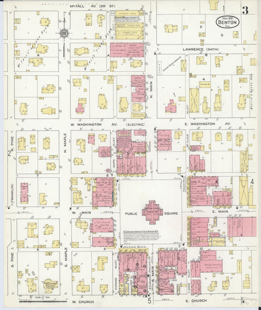 Sanborn Fire Insurance Map from Benton, Franklin County, Illinois (1915), Sheet #0003 - Historic Sanborn Fire Insurance Map Print, vintage old map wall art, antique decor, genealogy gift, Illinois Illinois map