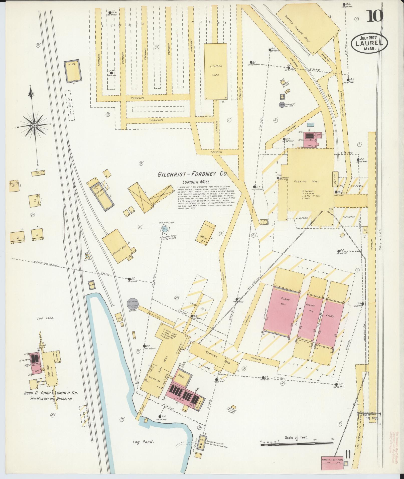 Sanborn Fire Insurance Map from Laurel, Jones County, Mississippi (1907), Sheet #0010 - Historic Sanborn Fire Insurance Map Print, vintage old map wall art, antique decor, genealogy gift, Mississippi Mississippi map