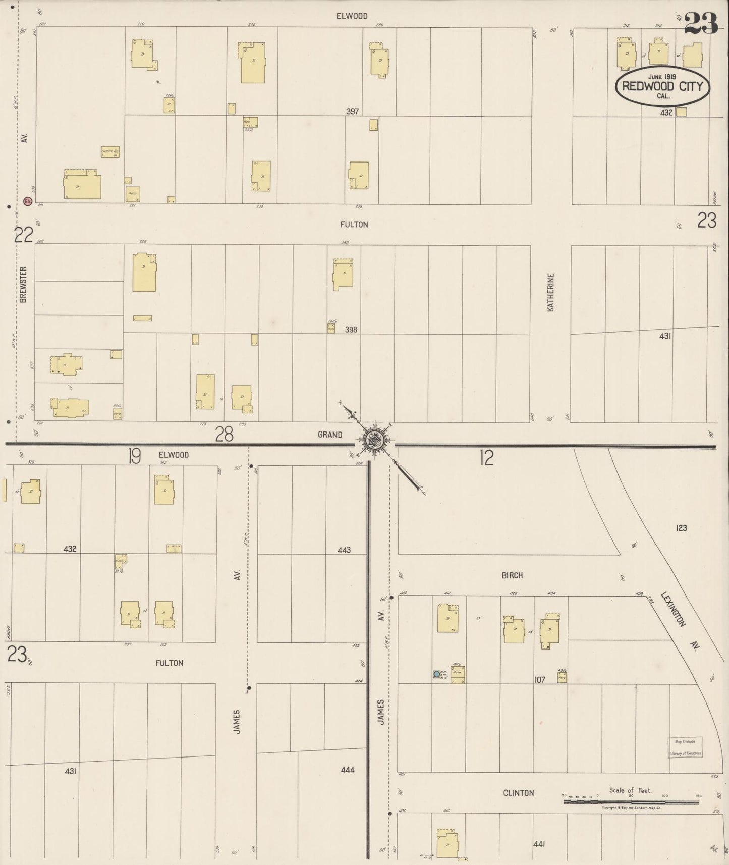 Sanborn Fire Insurance Map from Redwood City, San Mateo County, California (1919), Sheet #0023 - Complete Map Set gallery image, historic Sanborn map, vintage wall art, California California