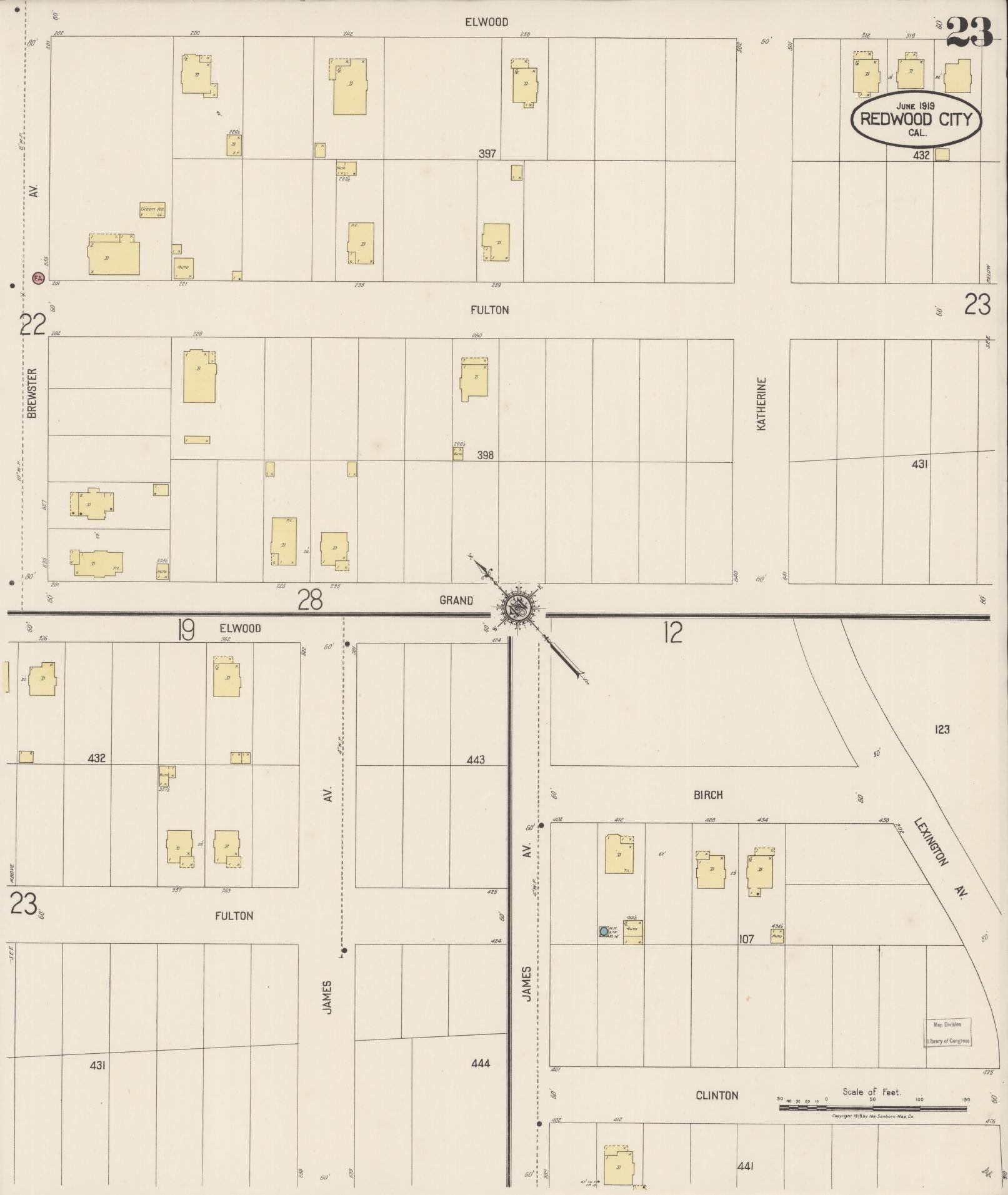 Sanborn Fire Insurance Map from Redwood City, San Mateo County, California (1919), Sheet #0023 - Complete Map Set gallery image, historic Sanborn map, vintage wall art, California California