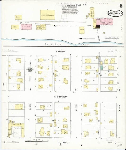 Sanborn Fire Insurance Map from Independence, Montgomery County, Kansas (1910), Sheet #0008 - Historic Sanborn Fire Insurance Map Print, vintage old map wall art, antique decor, genealogy gift, Kansas Kansas map