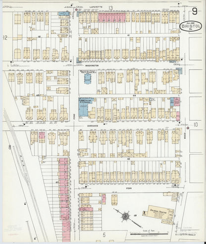 Sanborn Fire Insurance Map from Bristol, Bucks County, Pennsylvania (1927), Sheet #0009 - Historic Sanborn Fire Insurance Map Print, vintage old map wall art, antique decor, genealogy gift, Pennsylvania Pennsylvania map