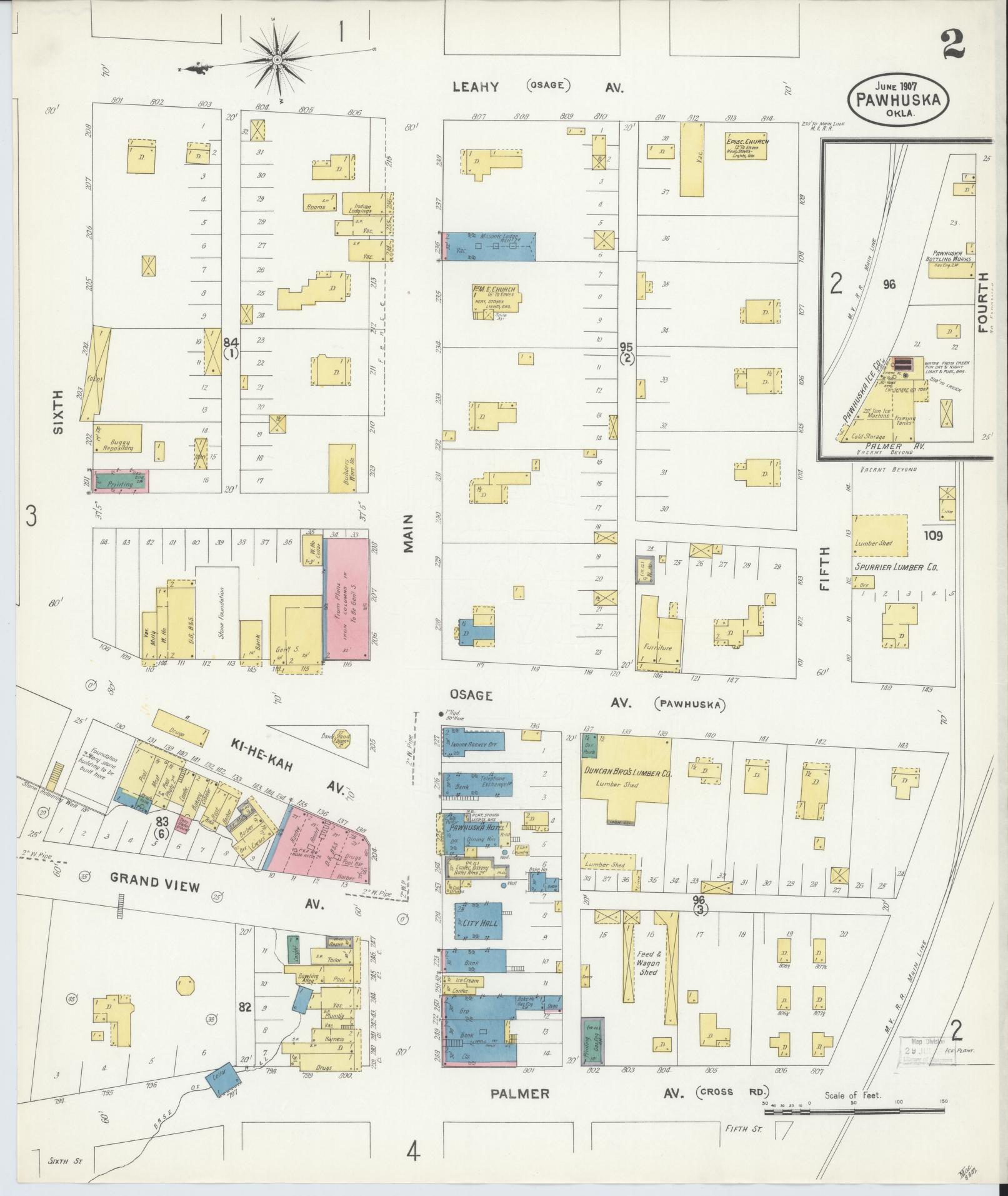 Sanborn Fire Insurance Map from Pawhuska, Osage County, Oklahoma (1907), Sheet #0002 - Historic Sanborn Fire Insurance Map Print, vintage old map wall art, antique decor, genealogy gift, Oklahoma Oklahoma map