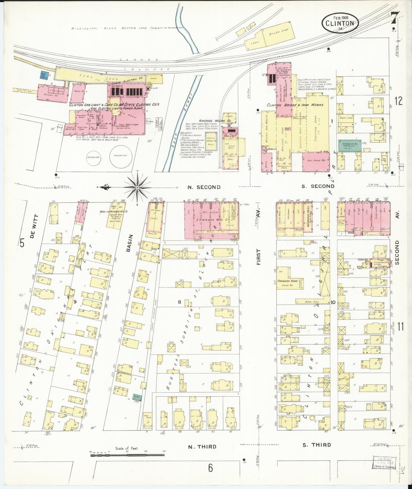 Sanborn Fire Insurance Map from Clinton, Clinton County, Iowa (1909), Sheet #0007 - Historic Sanborn Fire Insurance Map Print, vintage old map wall art