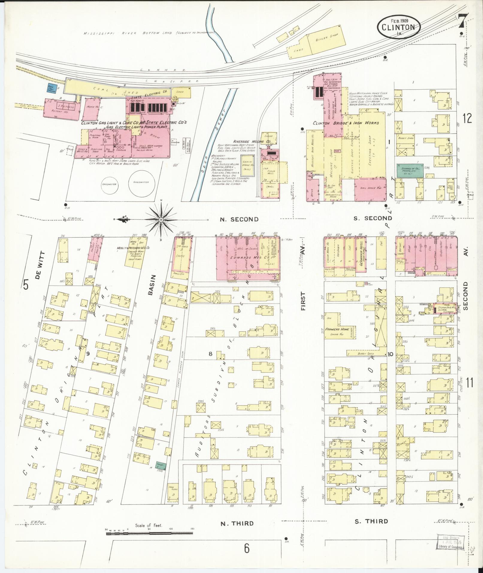 Sanborn Fire Insurance Map from Clinton, Clinton County, Iowa (1909), Sheet #0007 - Historic Sanborn Fire Insurance Map Print, vintage old map wall art