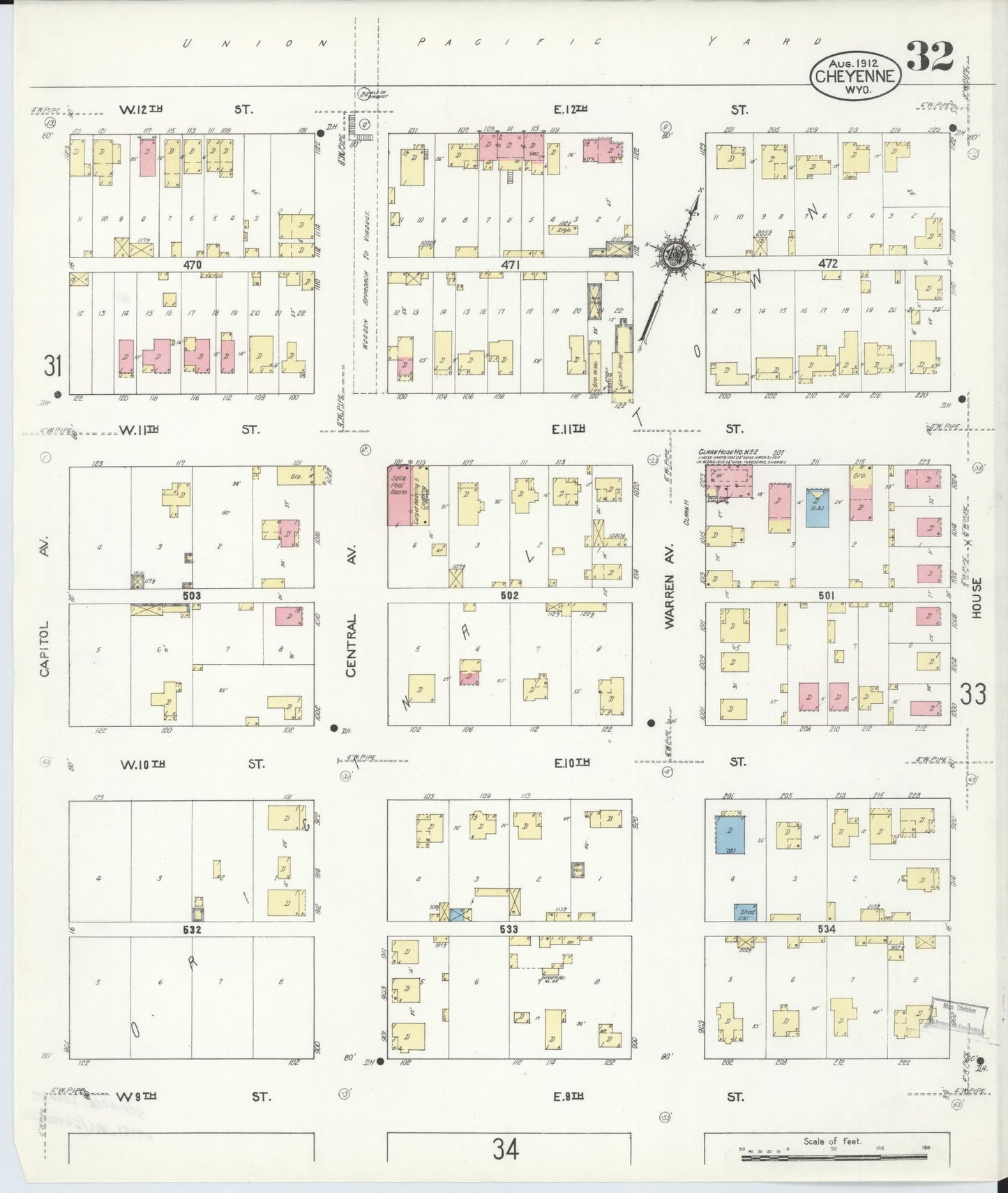 Sanborn Fire Insurance Map from Cheyenne, Laramie County, Wyoming (1912), Sheet #0032 - Complete Map Set gallery image, historic Sanborn map, vintage wall art, Wyoming Wyoming