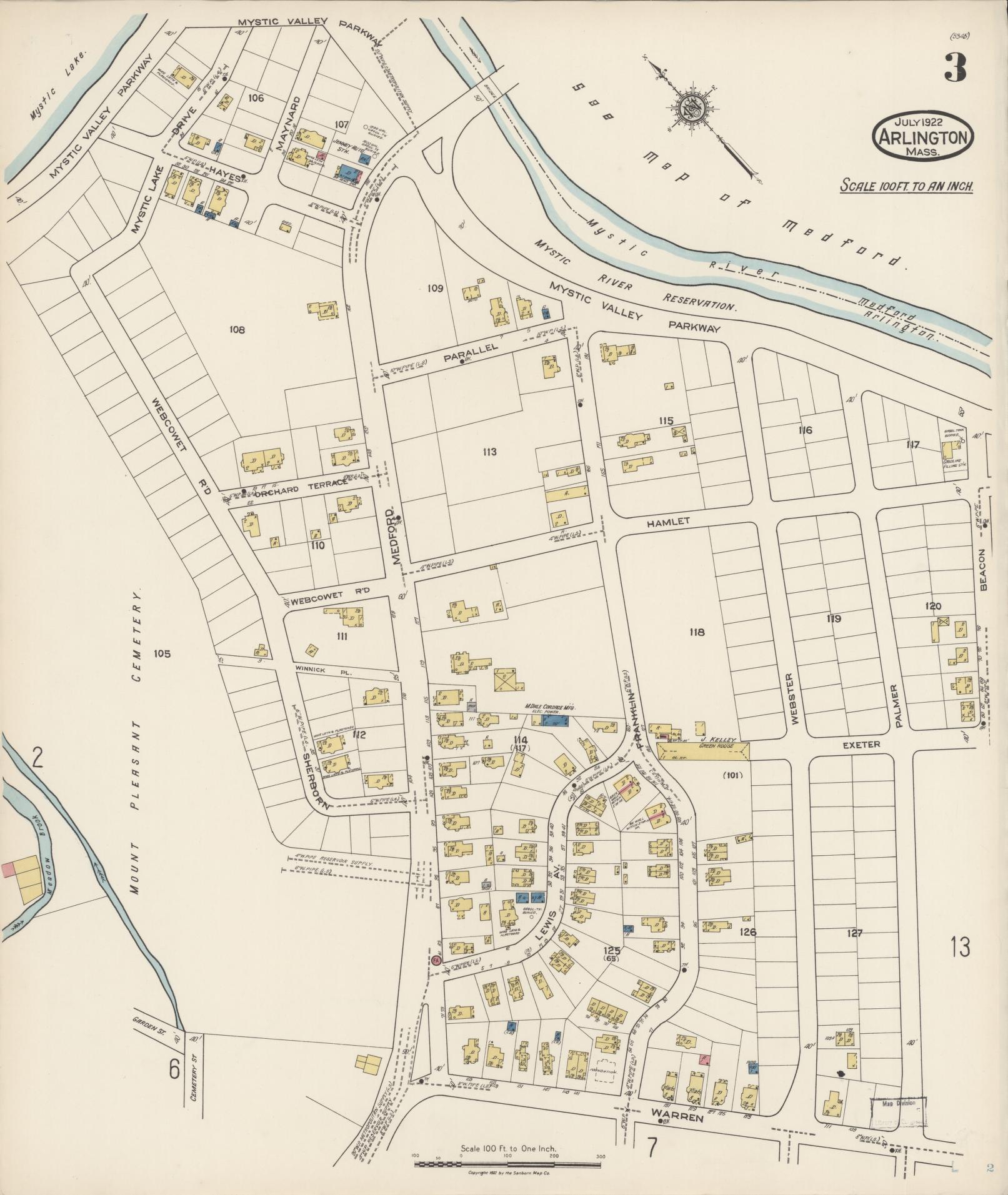 Sanborn Fire Insurance Map from Arlington, Middlesex County, Massachusetts (1922), Sheet #0003 - Historic Sanborn Fire Insurance Map Print, vintage old map wall art, antique decor, genealogy gift, Massachusetts Massachusetts map