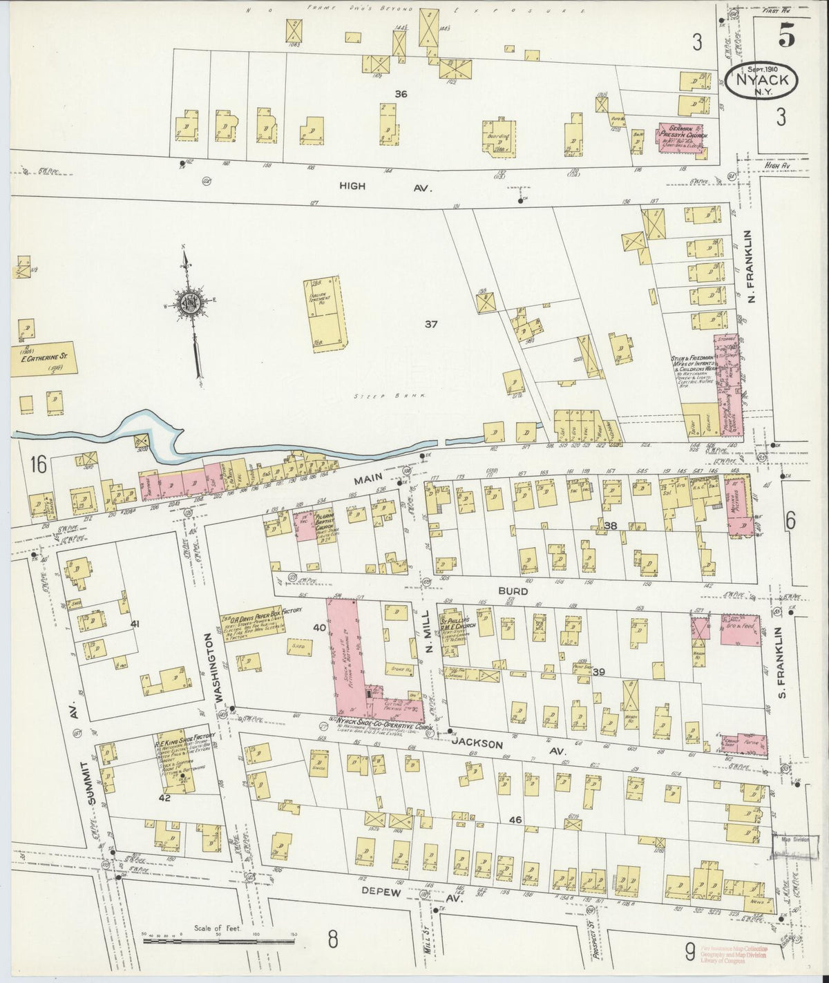 Sanborn Fire Insurance Map from Nyack, Rockland County, New York (1910), Sheet #0005 - Complete Map Set gallery image, historic Sanborn map, vintage wall art, New York New York