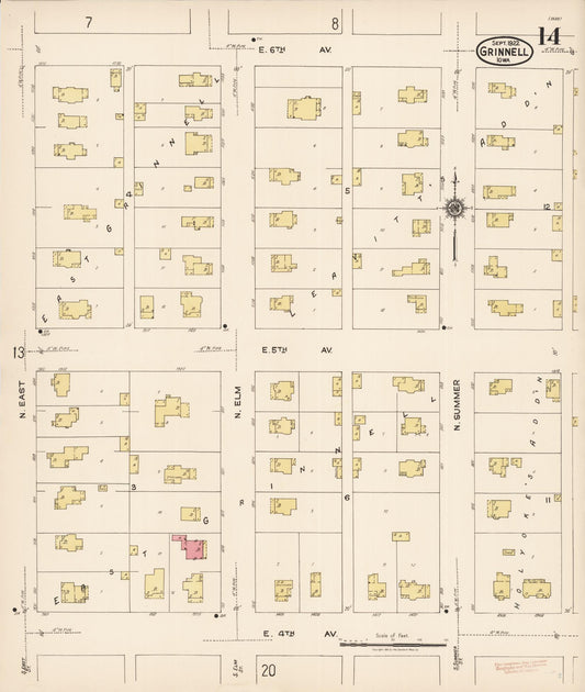 Sanborn Fire Insurance Map from Grinnell, Poweshiek County, Iowa (1922), Sheet #0014 - Historic Sanborn Fire Insurance Map Print, vintage old map wall art