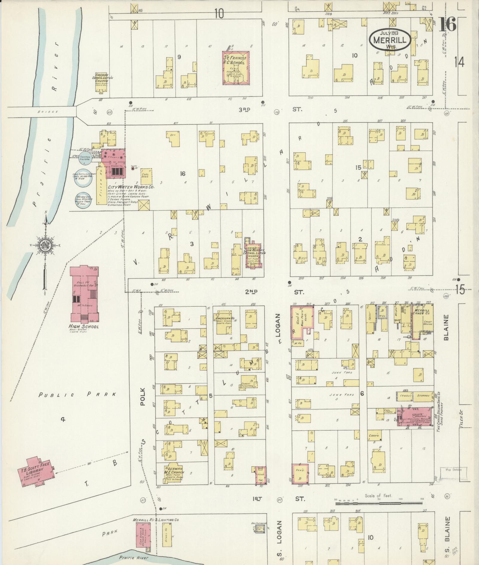 Sanborn Fire Insurance Map from Merrill, Lincoln County, Wisconsin (1913), Sheet #0016 - Complete Map Set gallery image, historic Sanborn map, vintage wall art, Wisconsin Wisconsin