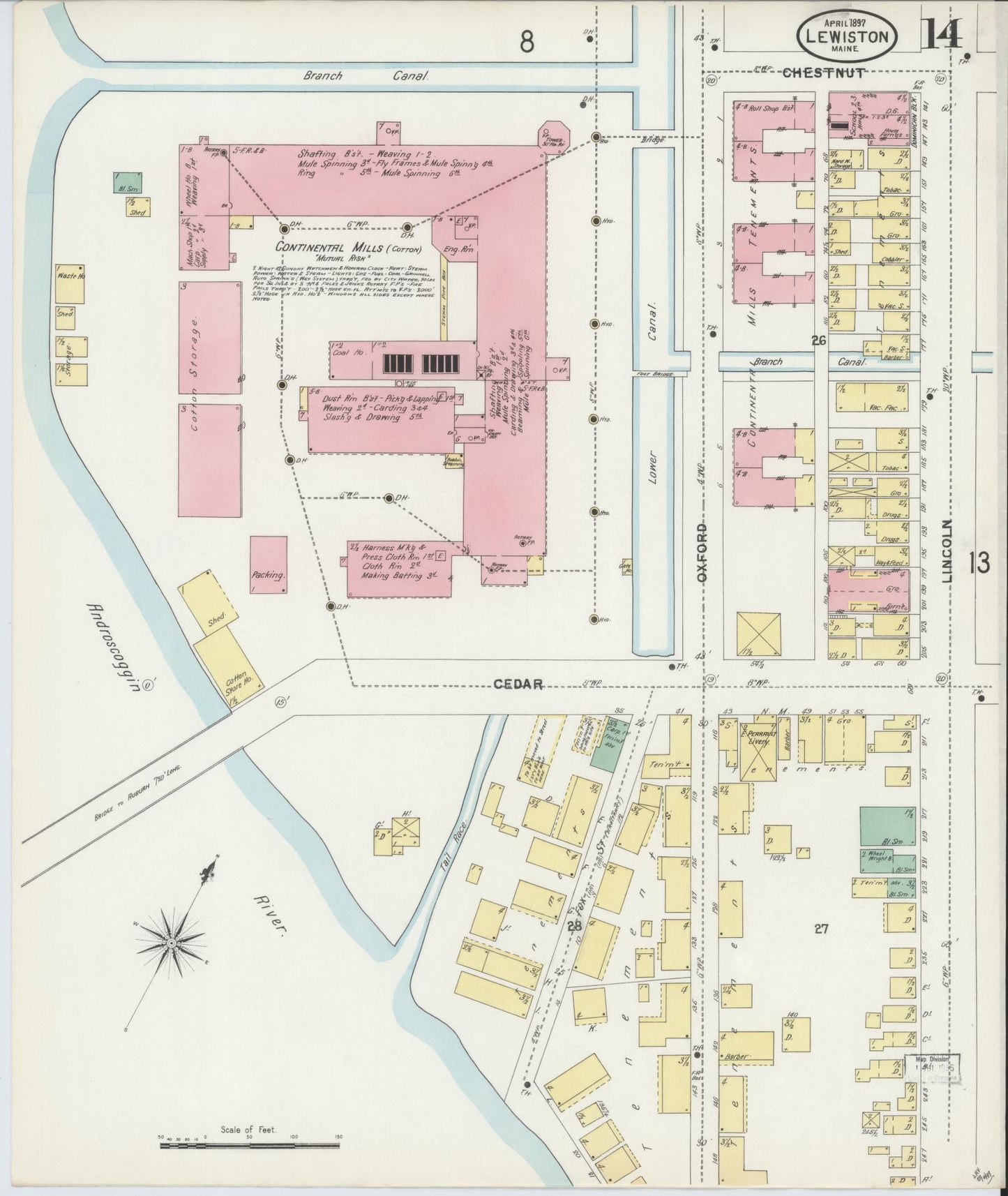 Sanborn Fire Insurance Map from Lewiston, Androscoggin County, Maine (1897), Sheet #0014 - Complete Map Set gallery image, historic Sanborn map, vintage wall art, Maine Maine