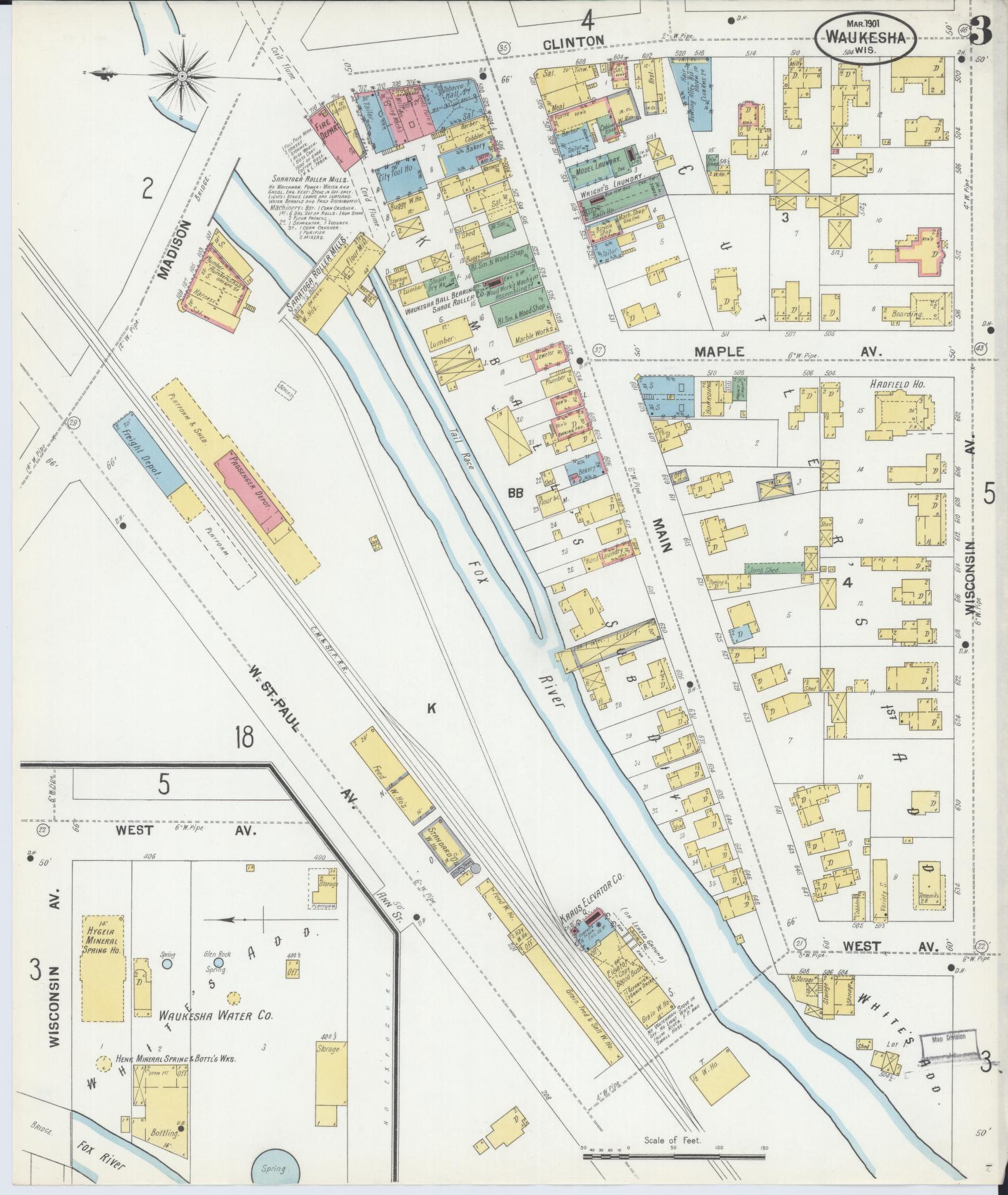 Sanborn Fire Insurance Map from Waukesha, Waukesha County, Wisconsin (1901), Sheet #0003 - Historic Sanborn Fire Insurance Map Print, vintage old map wall art, antique decor, genealogy gift, Wisconsin Wisconsin map