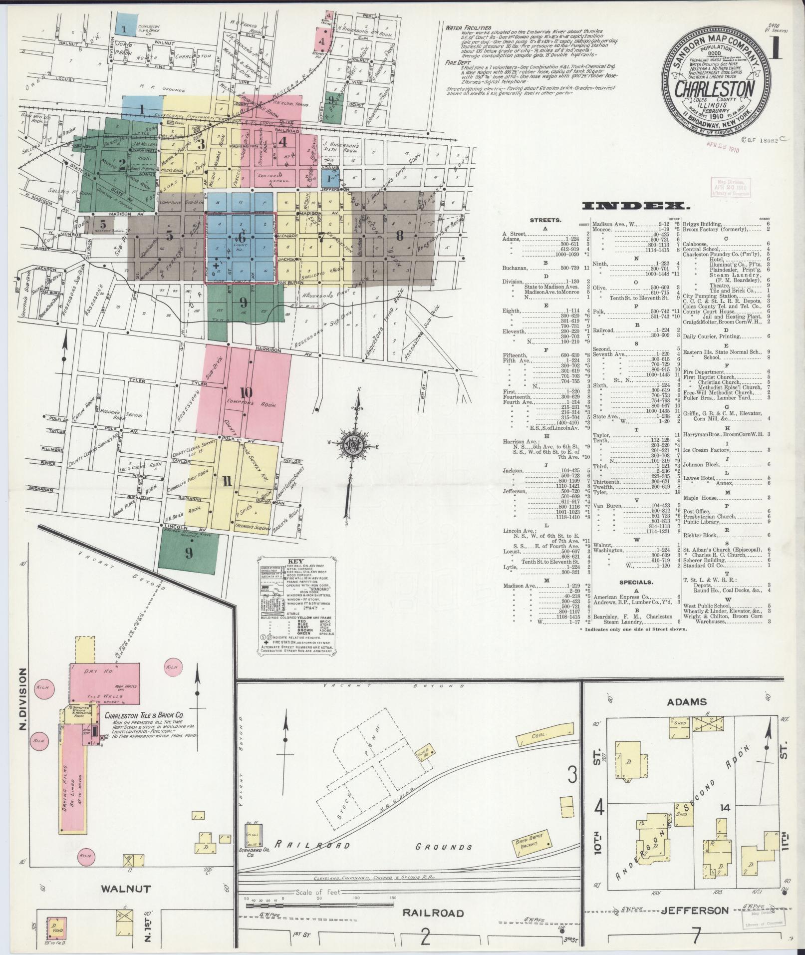 Sanborn Fire Insurance Map from Charleston, Coles County, Illinois (1910), Sheet #0001 - Complete Map Set gallery image, historic Sanborn map, vintage wall art, Illinois Illinois