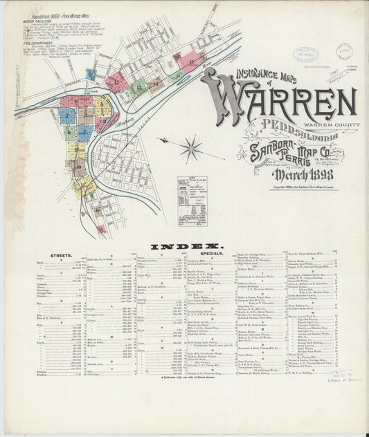Sanborn Fire Insurance Map from Warren, Warren County, Pennsylvania (1898), Sheet #0001 - Historic Sanborn Fire Insurance Map Print, vintage old map wall art, antique decor, genealogy gift, Pennsylvania Pennsylvania map