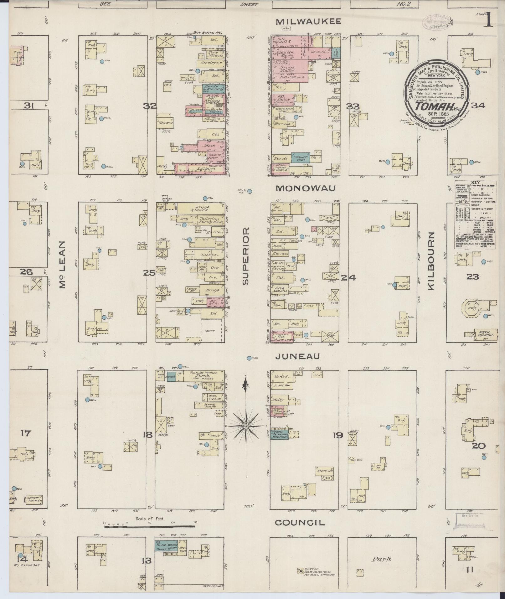 Sanborn Fire Insurance Map from Tomah, Monroe County, Wisconsin (1885), Sheet #0001 - Complete Map Set gallery image, historic Sanborn map, vintage wall art, Wisconsin Wisconsin