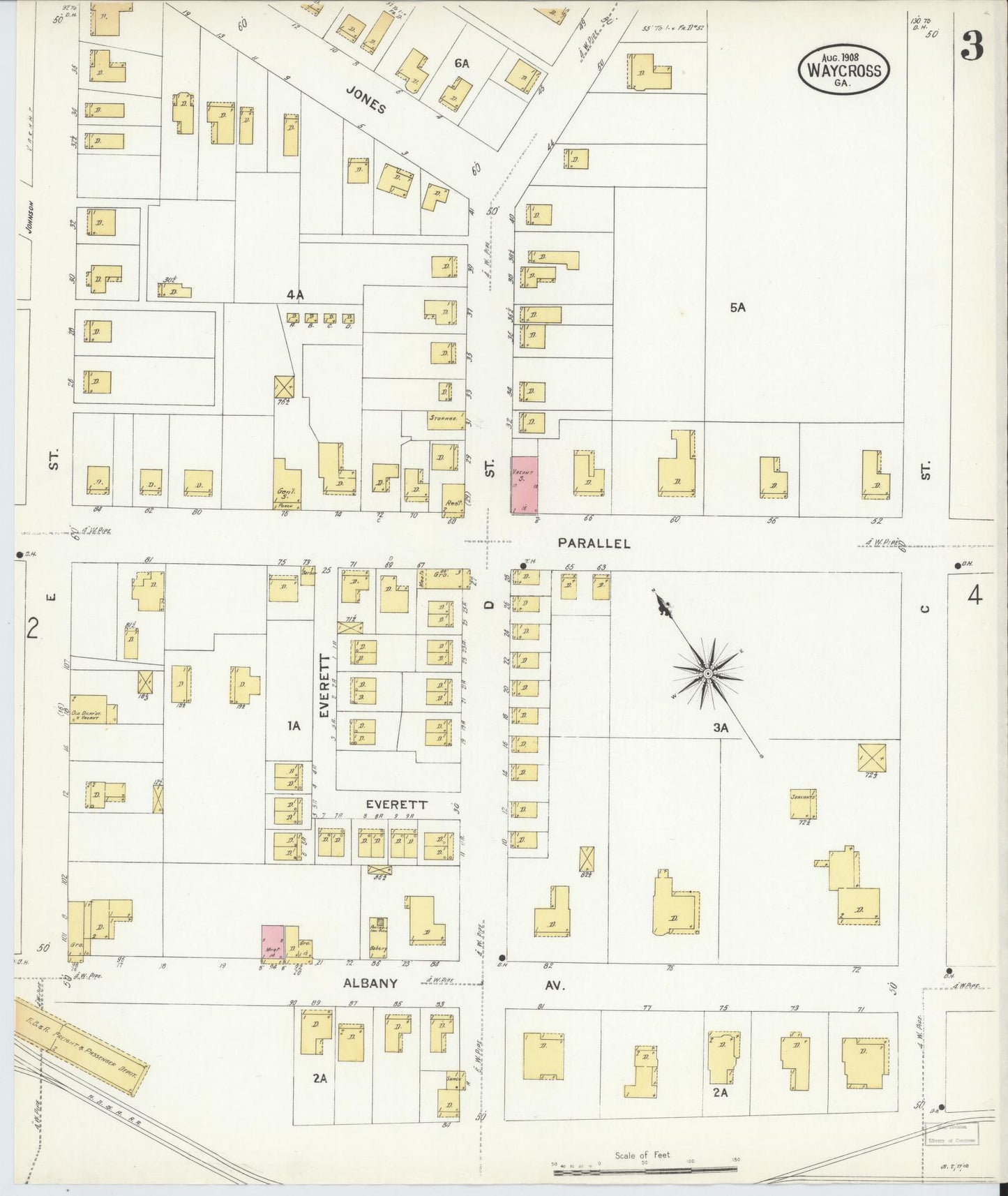 Sanborn Fire Insurance Map from Waycross, Ware County, Georgia (1908), Sheet #0003 - Historic Sanborn Fire Insurance Map Print, vintage old map wall art, antique decor, genealogy gift, Georgia Georgia map
