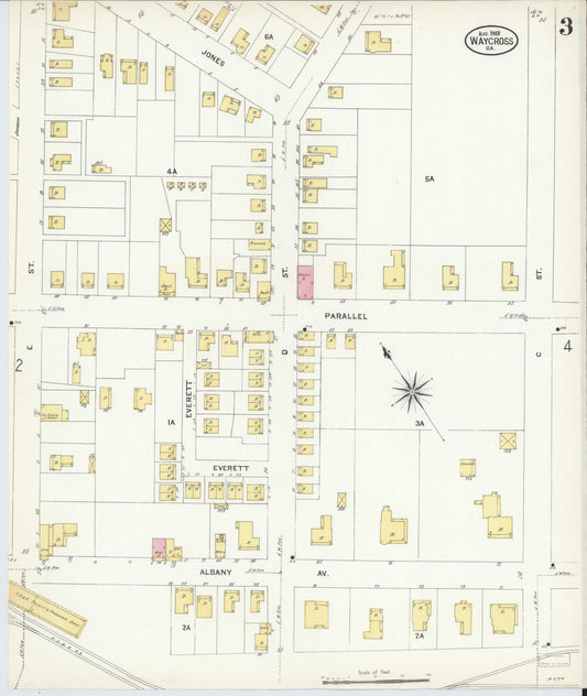 Sanborn Fire Insurance Map from Waycross, Ware County, Georgia (1908), Sheet #0003 - Historic Sanborn Fire Insurance Map Print, vintage old map wall art, antique decor, genealogy gift, Georgia Georgia map