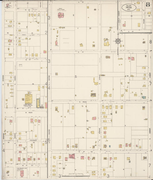 Sanborn Fire Insurance Map from Mesa, Maricopa County, Arizona (1915), Sheet #0008 - Historic Sanborn Fire Insurance Map Print, vintage old map wall art, antique decor, genealogy gift, Arizona Arizona map