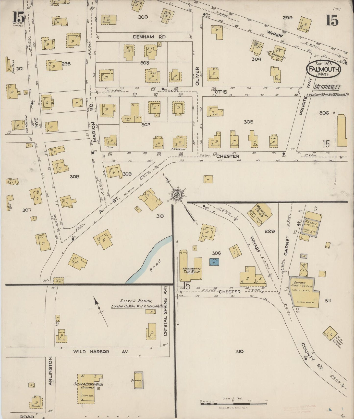 Sanborn Fire Insurance Map from Falmouth, Barnstable County, Massachusetts (1923), Sheet #0015 - Historic Sanborn Fire Insurance Map Print, vintage old map wall art, antique decor, genealogy gift, Massachusetts Massachusetts map