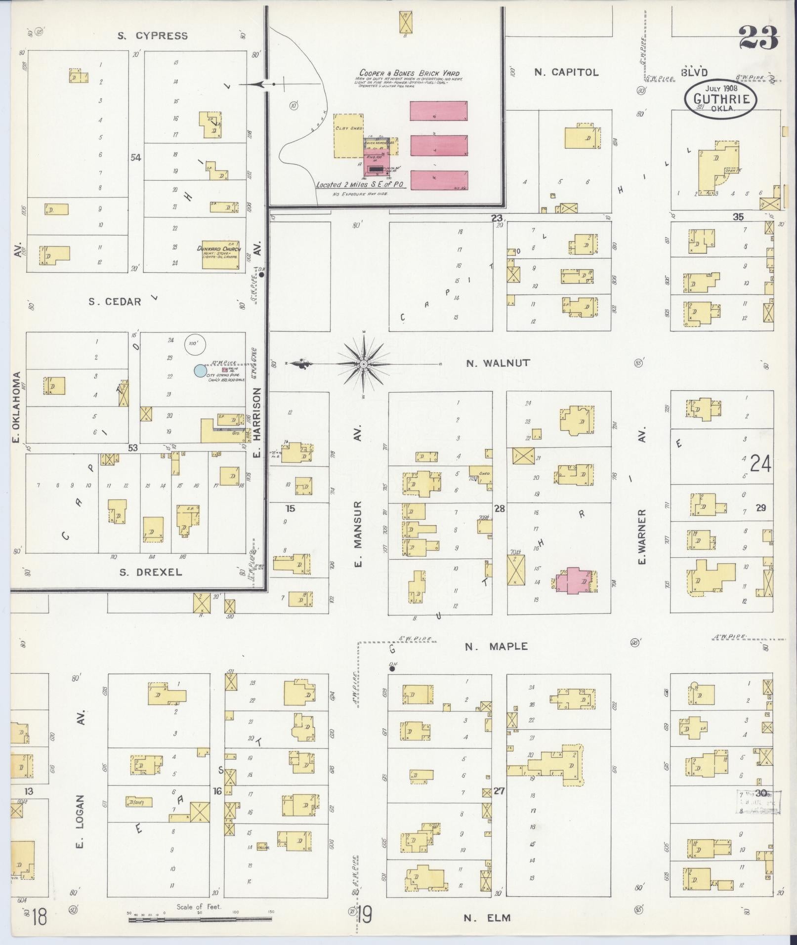 Sanborn Fire Insurance Map from Guthrie, Logan County, Oklahoma (1908), Sheet #0023 - Historic Sanborn Fire Insurance Map Print, vintage old map wall art, antique decor, genealogy gift, Oklahoma Oklahoma map