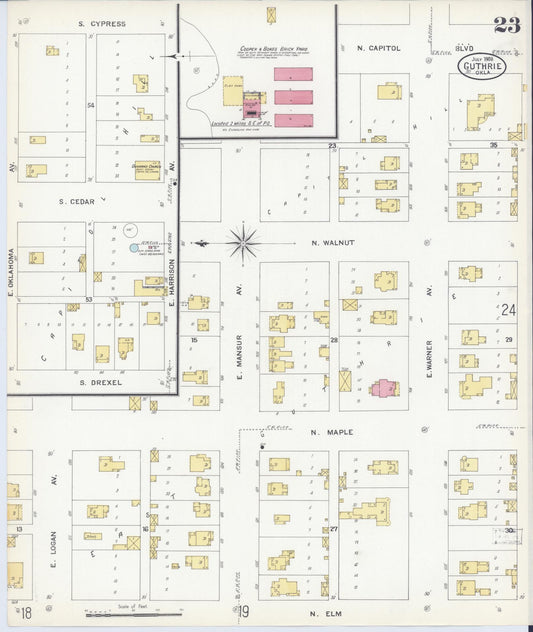 Sanborn Fire Insurance Map from Guthrie, Logan County, Oklahoma (1908), Sheet #0023 - Historic Sanborn Fire Insurance Map Print, vintage old map wall art, antique decor, genealogy gift, Oklahoma Oklahoma map
