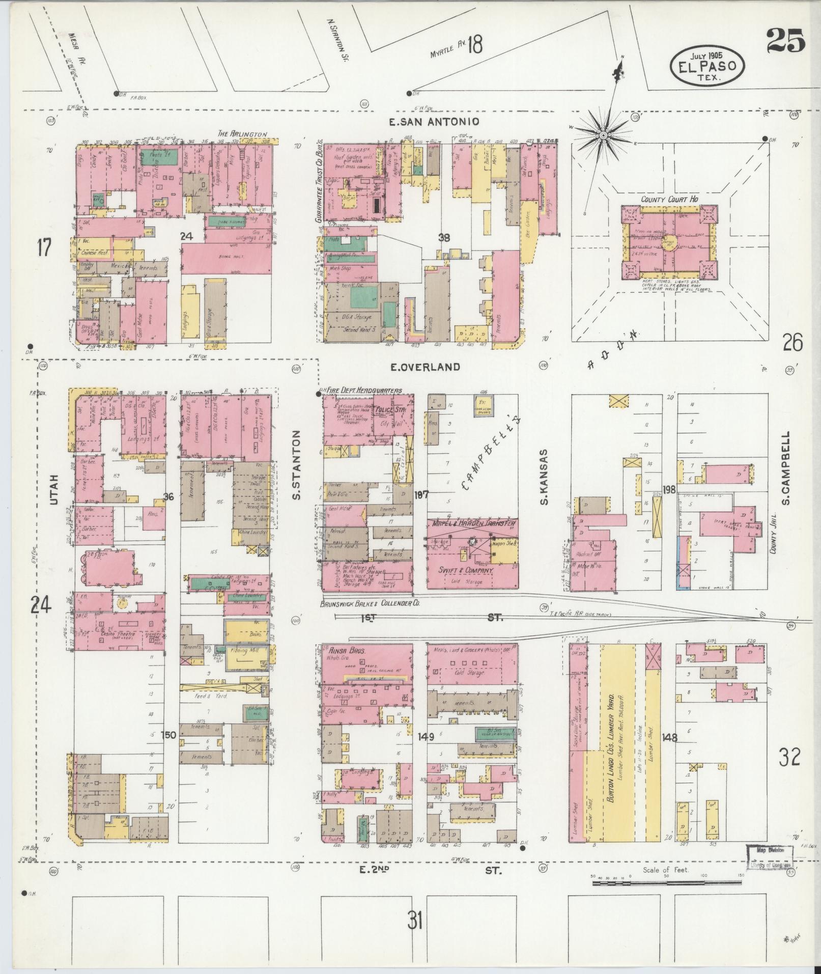 Sanborn Fire Insurance Map from El Paso, El Paso County, Texas (1905), Sheet #0025 - Complete Map Set gallery image, historic Sanborn map, vintage wall art, Texas Texas