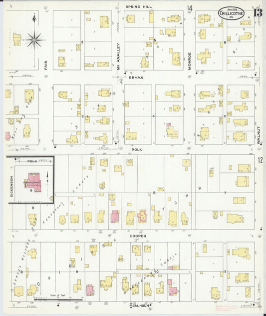 Sanborn Fire Insurance Map from Chillicothe, Livingston County, Missouri (1909), Sheet #0013 - Historic Sanborn Fire Insurance Map Print, vintage old map wall art, antique decor, genealogy gift, Missouri Missouri map