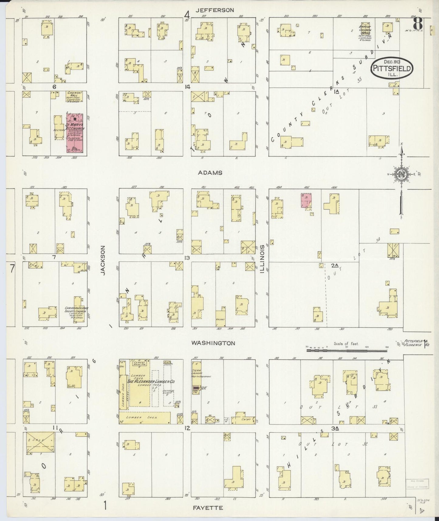 Sanborn Fire Insurance Map from Pittsfield, Pike County, Illinois (1913), Sheet #0008 - Historic Sanborn Fire Insurance Map Print, vintage old map wall art, antique decor, genealogy gift, Illinois Illinois map
