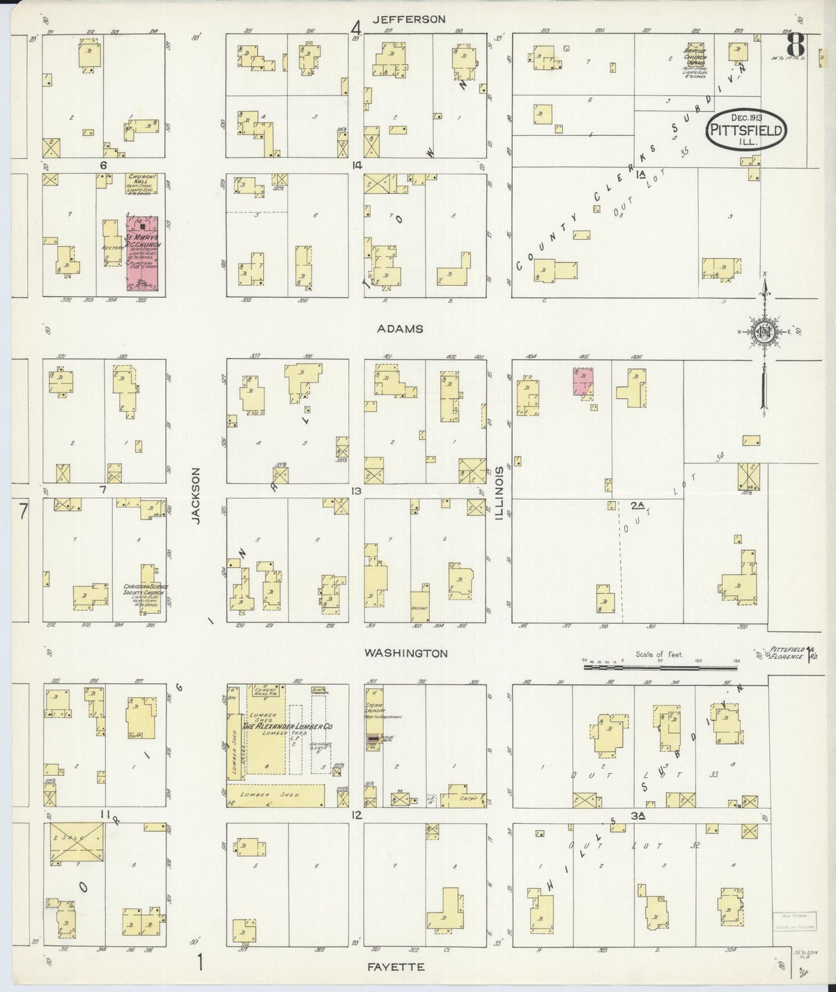 Sanborn Fire Insurance Map from Pittsfield, Pike County, Illinois (1913), Sheet #0008 - Historic Sanborn Fire Insurance Map Print, vintage old map wall art, antique decor, genealogy gift, Illinois Illinois map