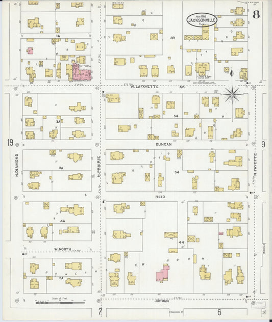 Sanborn Fire Insurance Map from Jacksonville, Morgan County, Illinois (1905), Sheet #0008 - Historic Sanborn Fire Insurance Map Print, vintage old map wall art, antique decor, genealogy gift, Illinois Illinois map