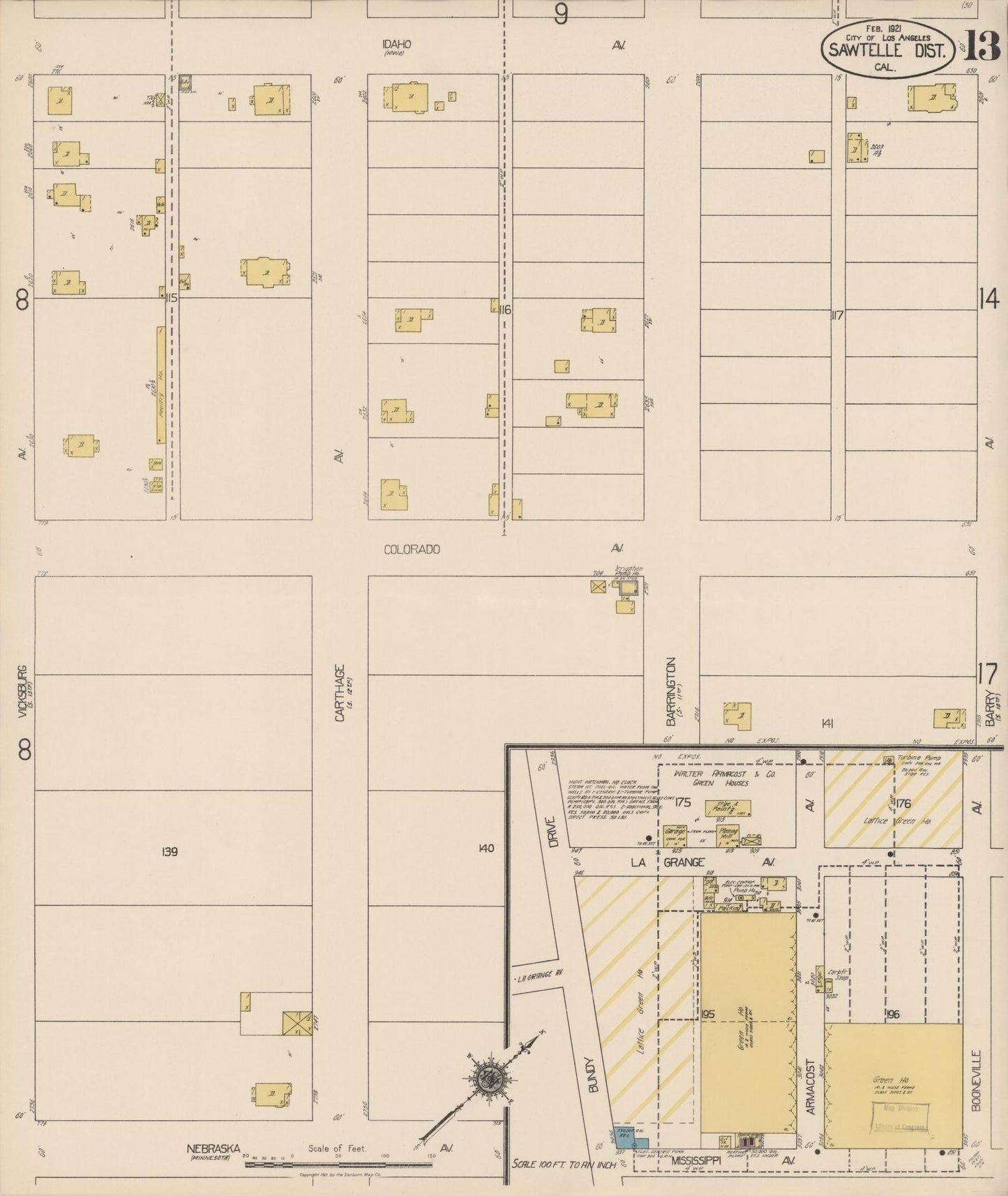 Sanborn Fire Insurance Map from Sawtelle, Los Angeles County, California (1921), Sheet #0013 - Complete Map Set gallery image, historic Sanborn map, vintage wall art, California California