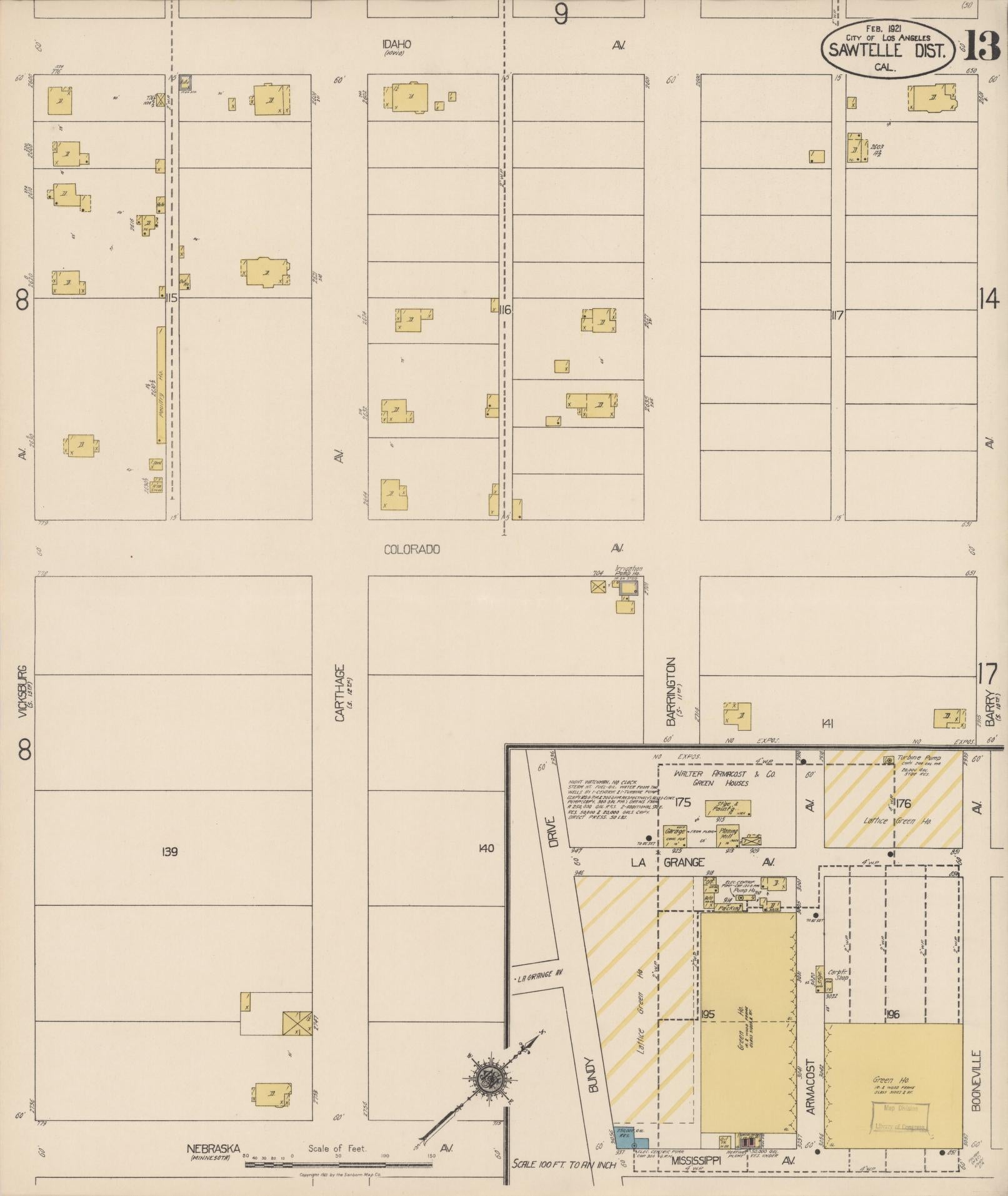 Sanborn Fire Insurance Map from Sawtelle, Los Angeles County, California (1921), Sheet #0013 - Complete Map Set gallery image, historic Sanborn map, vintage wall art, California California