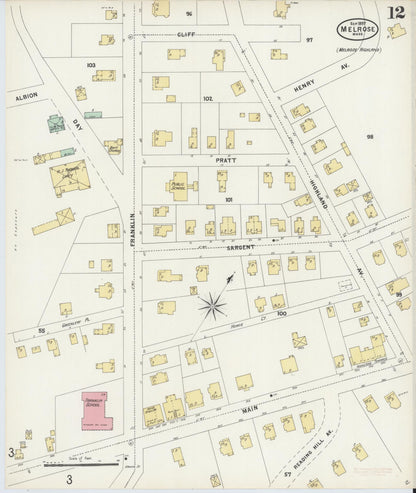 Sanborn Fire Insurance Map from Melrose, Middlesex County, Massachusetts (1897), Sheet #0012 - Historic Sanborn Fire Insurance Map Print, vintage old map wall art, antique decor, genealogy gift, Massachusetts Massachusetts map