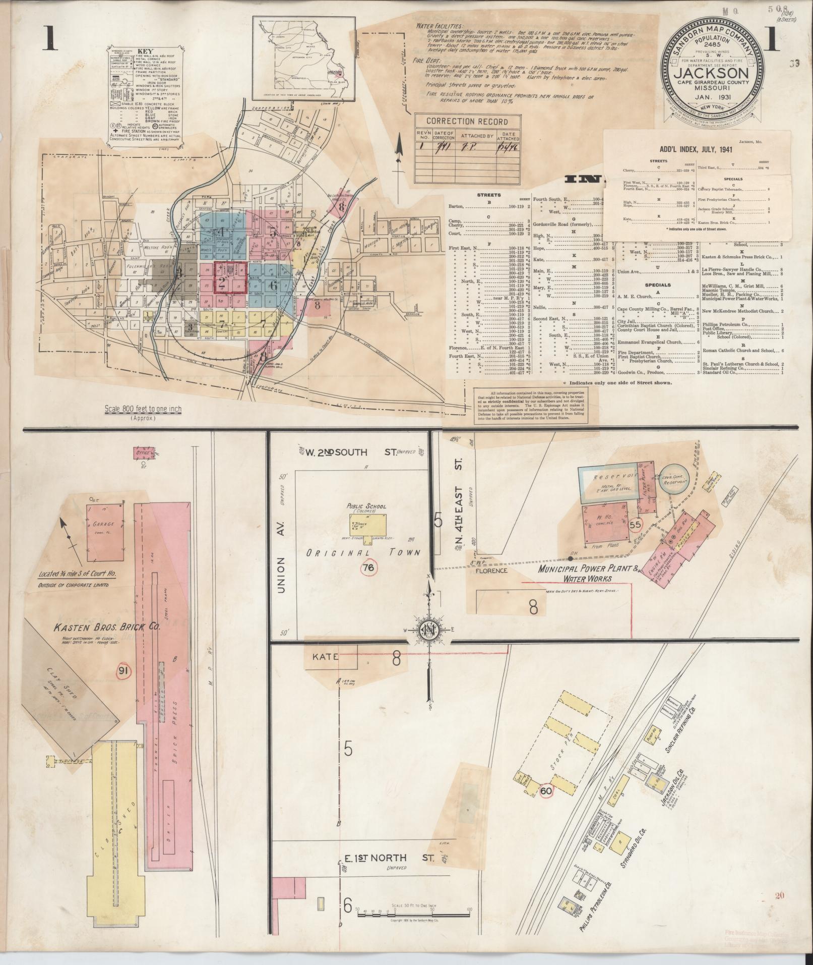 Sanborn Fire Insurance Map from Jackson, Cape Girardeau County, Missouri (1941), Sheet #0001 - Historic Sanborn Fire Insurance Map Print, vintage old map wall art, antique decor, genealogy gift, Missouri Missouri map