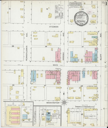 Sanborn Fire Insurance Map from Anthony, Harper County, Kansas (1893), Sheet #0001 - Complete Map Set gallery image, historic Sanborn map, vintage wall art, Kansas Kansas