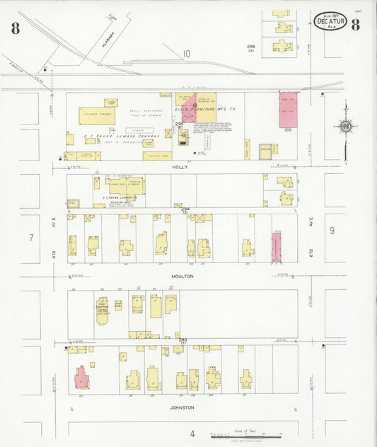 Sanborn Fire Insurance Map from Decatur, Morgan County, Alabama (1927), Sheet #0008 - Historic Sanborn Fire Insurance Map Print, vintage old map wall art, antique decor, genealogy gift, Alabama Alabama map