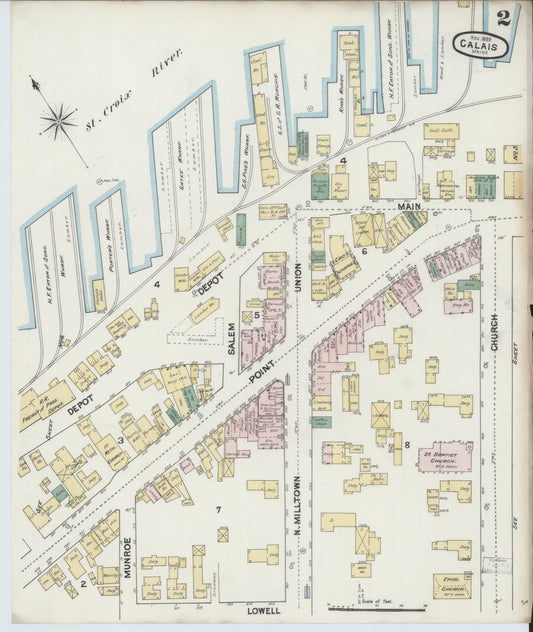 Sanborn Fire Insurance Map from Calais, Washington County, Maine (1889), Sheet #0002 - Historic Sanborn Fire Insurance Map Print, vintage old map wall art, antique decor, genealogy gift, Maine Maine map