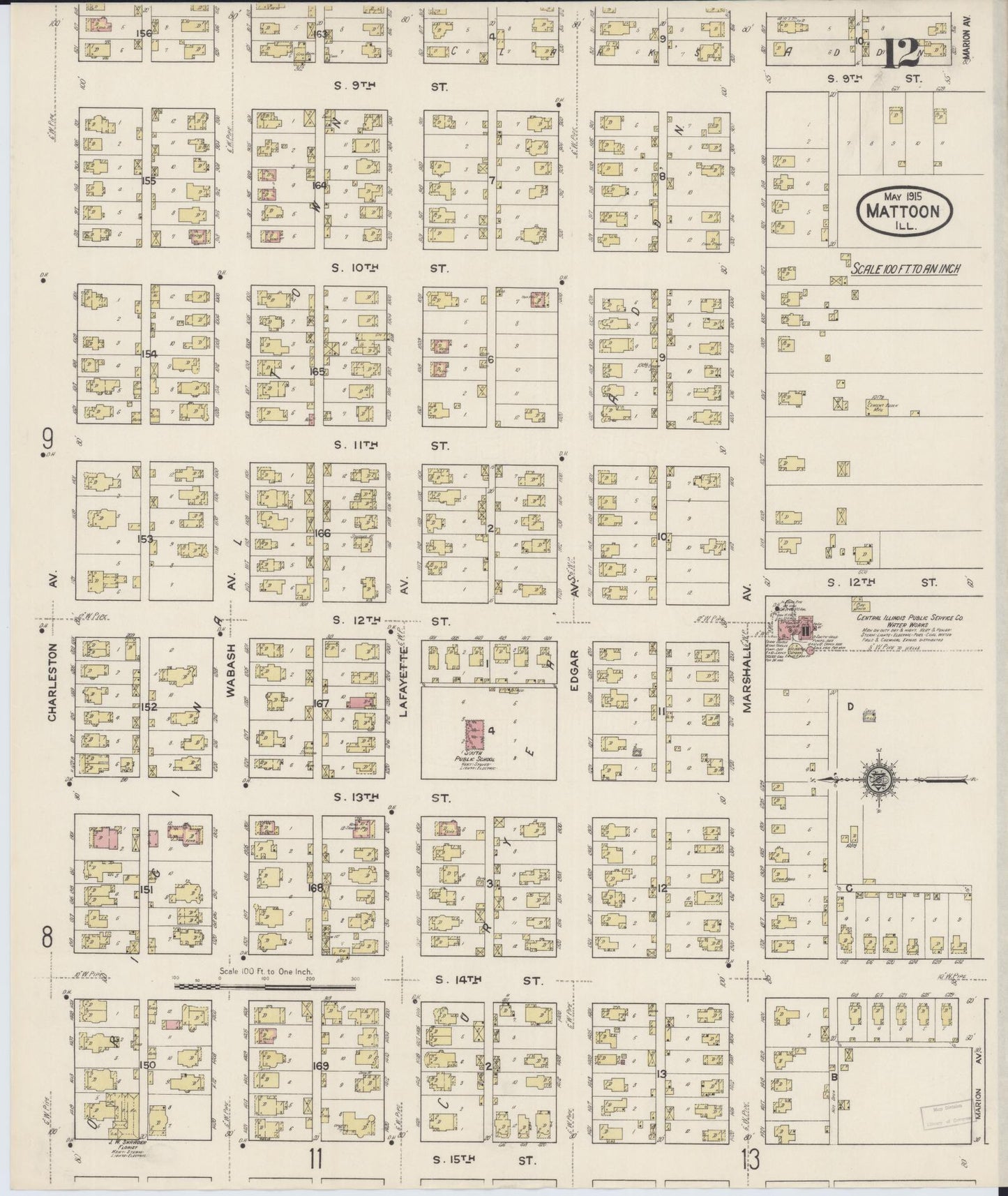 Sanborn Fire Insurance Map from Mattoon, Coles County, Illinois (1915), Sheet #0012 - Historic Sanborn Fire Insurance Map Print, vintage old map wall art, antique decor, genealogy gift, Illinois Illinois map