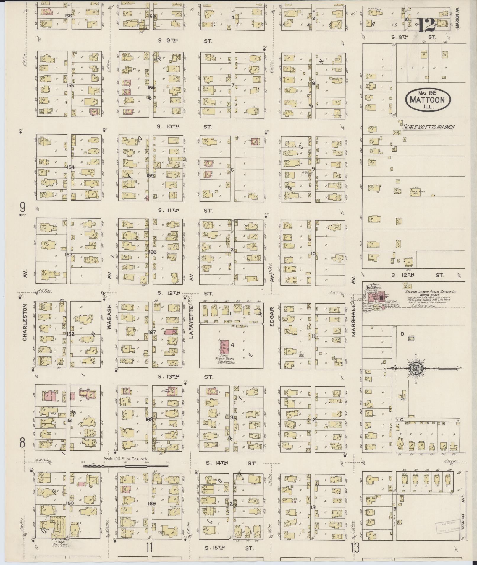 Sanborn Fire Insurance Map from Mattoon, Coles County, Illinois (1915), Sheet #0012 - Historic Sanborn Fire Insurance Map Print, vintage old map wall art, antique decor, genealogy gift, Illinois Illinois map