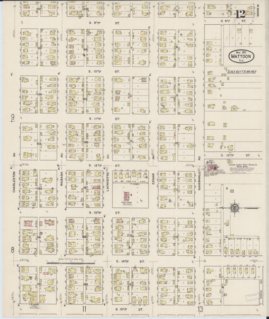 Sanborn Fire Insurance Map from Mattoon, Coles County, Illinois (1915), Sheet #0012 - Historic Sanborn Fire Insurance Map Print, vintage old map wall art, antique decor, genealogy gift, Illinois Illinois map