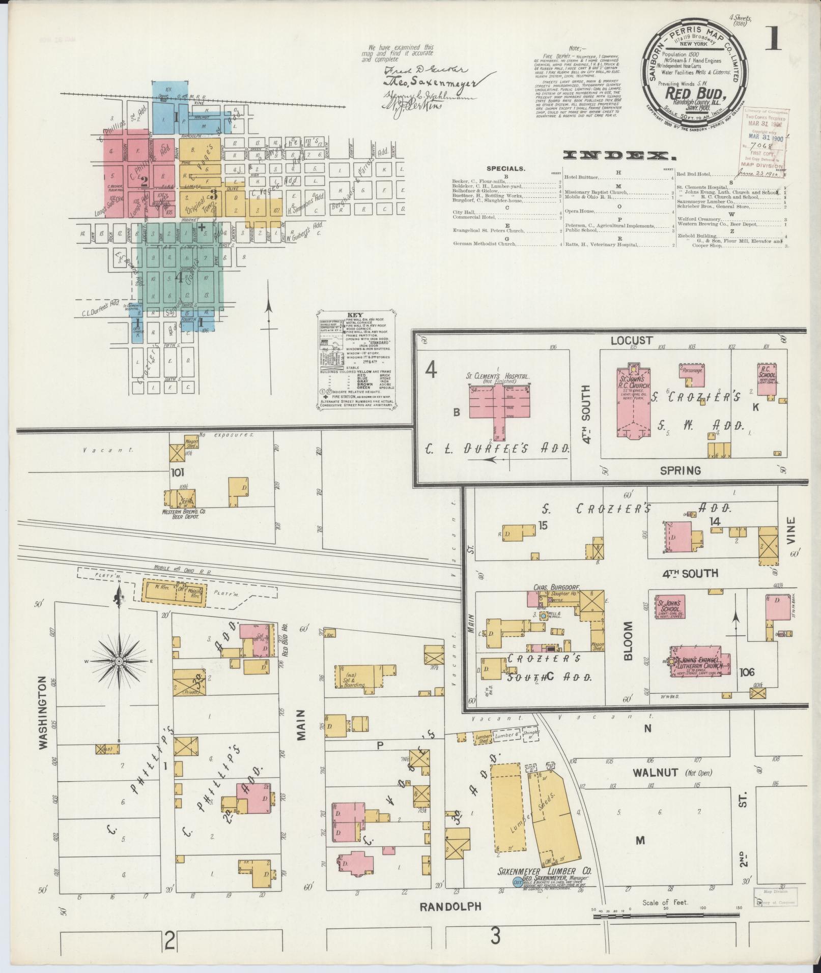 Sanborn Fire Insurance Map from Red Bud, Randolph County, Illinois (1900), Sheet #0001 - Historic Sanborn Fire Insurance Map Print, vintage old map wall art, antique decor, genealogy gift, Illinois Illinois map
