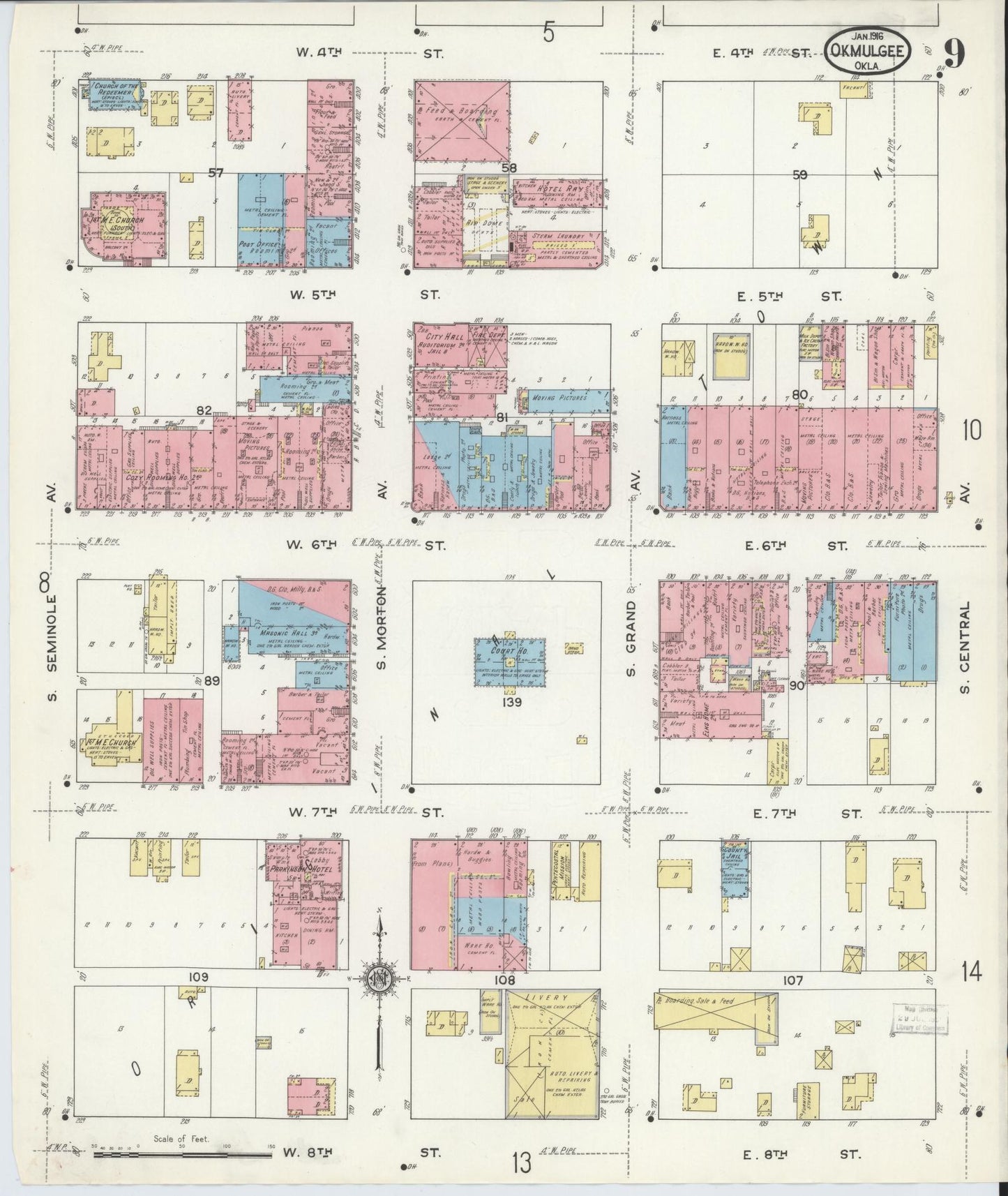 Sanborn Fire Insurance Map from Okmulgee, Okmulgee County, Oklahoma (1916), Sheet #0009 - Complete Map Set gallery image, historic Sanborn map, vintage wall art, Oklahoma Oklahoma