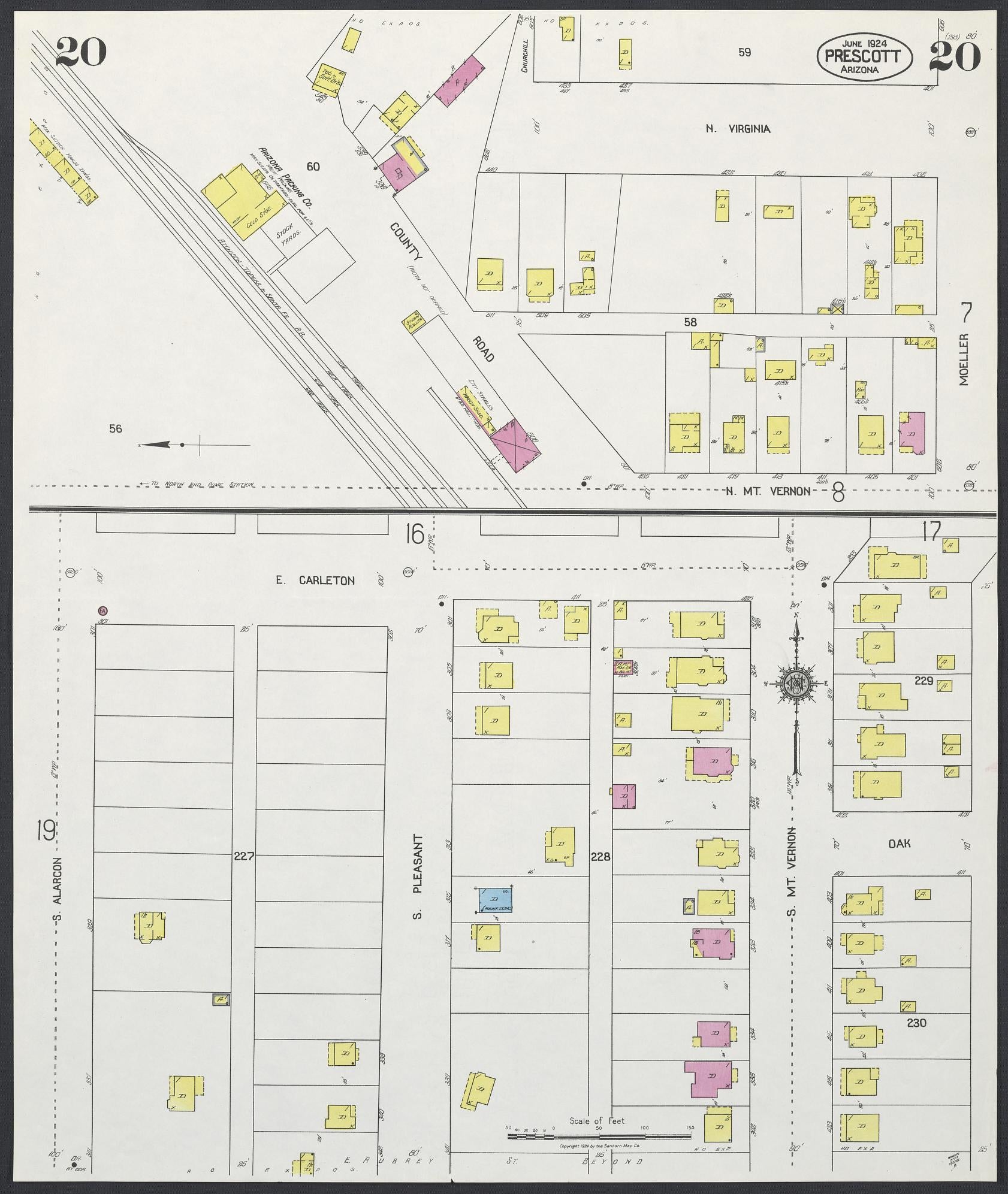 Sanborn Fire Insurance Map from Prescott, Yavapai County, Arizona (1924), Sheet #0020 - Historic Sanborn Fire Insurance Map Print, vintage old map wall art, antique decor, genealogy gift, Arizona Arizona map