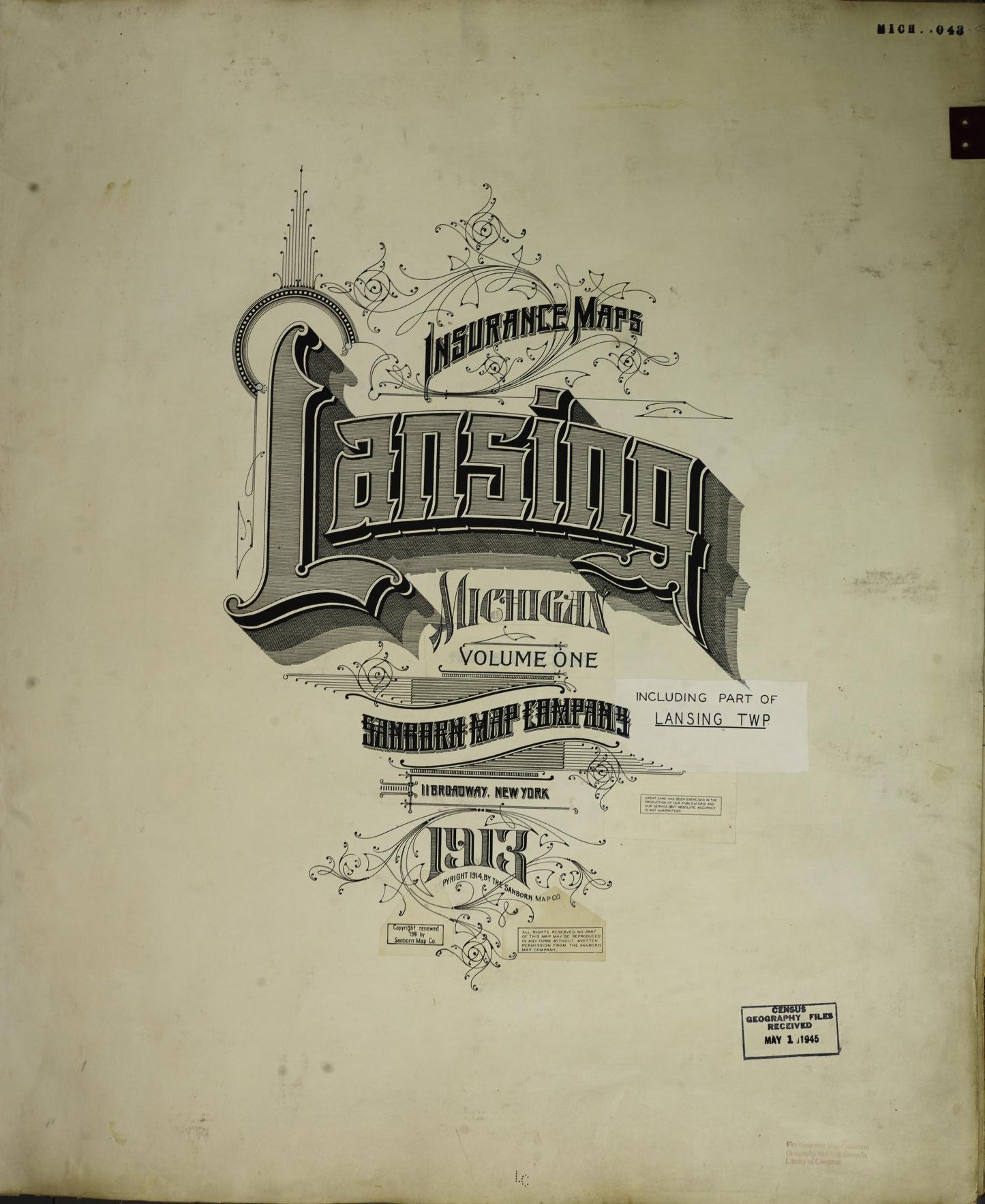 Sanborn Fire Insurance Map from Lansing, Ingham County, Michigan (1951), Sheet #0001 - Complete Map Set gallery image, historic Sanborn map, vintage wall art, Michigan Michigan