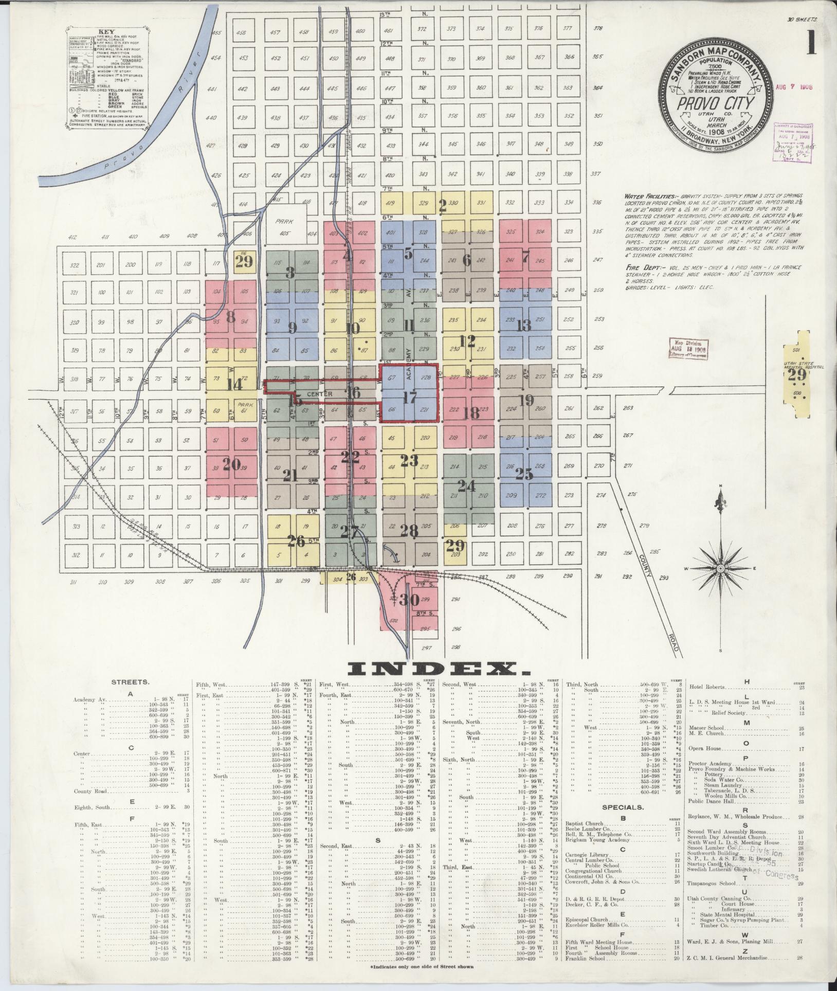 Sanborn Fire Insurance Map from Provo, Utah County, Utah (1908), Sheet #0001 - Historic Sanborn Fire Insurance Map Print, vintage old map wall art, antique decor, genealogy gift, Provo Utah map