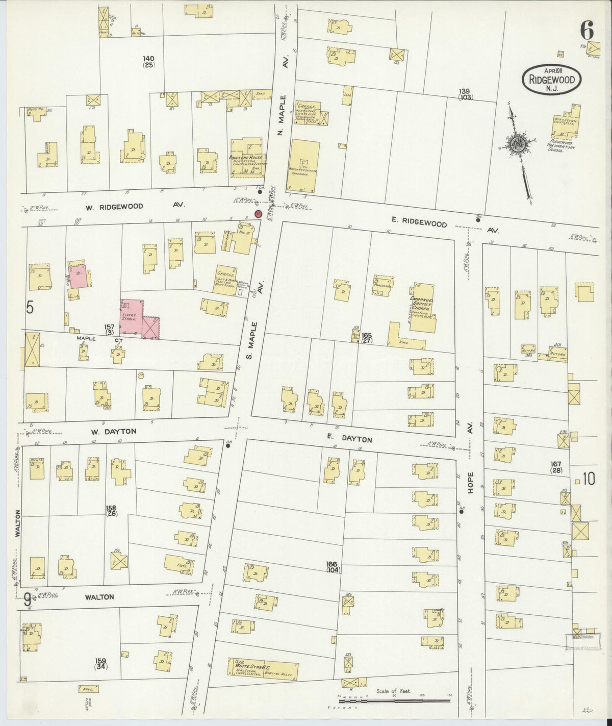 Sanborn Fire Insurance Map from Ridgewood, Bergen County, New Jersey (1911), Sheet #0006 - Historic Sanborn Fire Insurance Map Print, vintage old map wall art, antique decor, genealogy gift, New Jersey New Jersey map